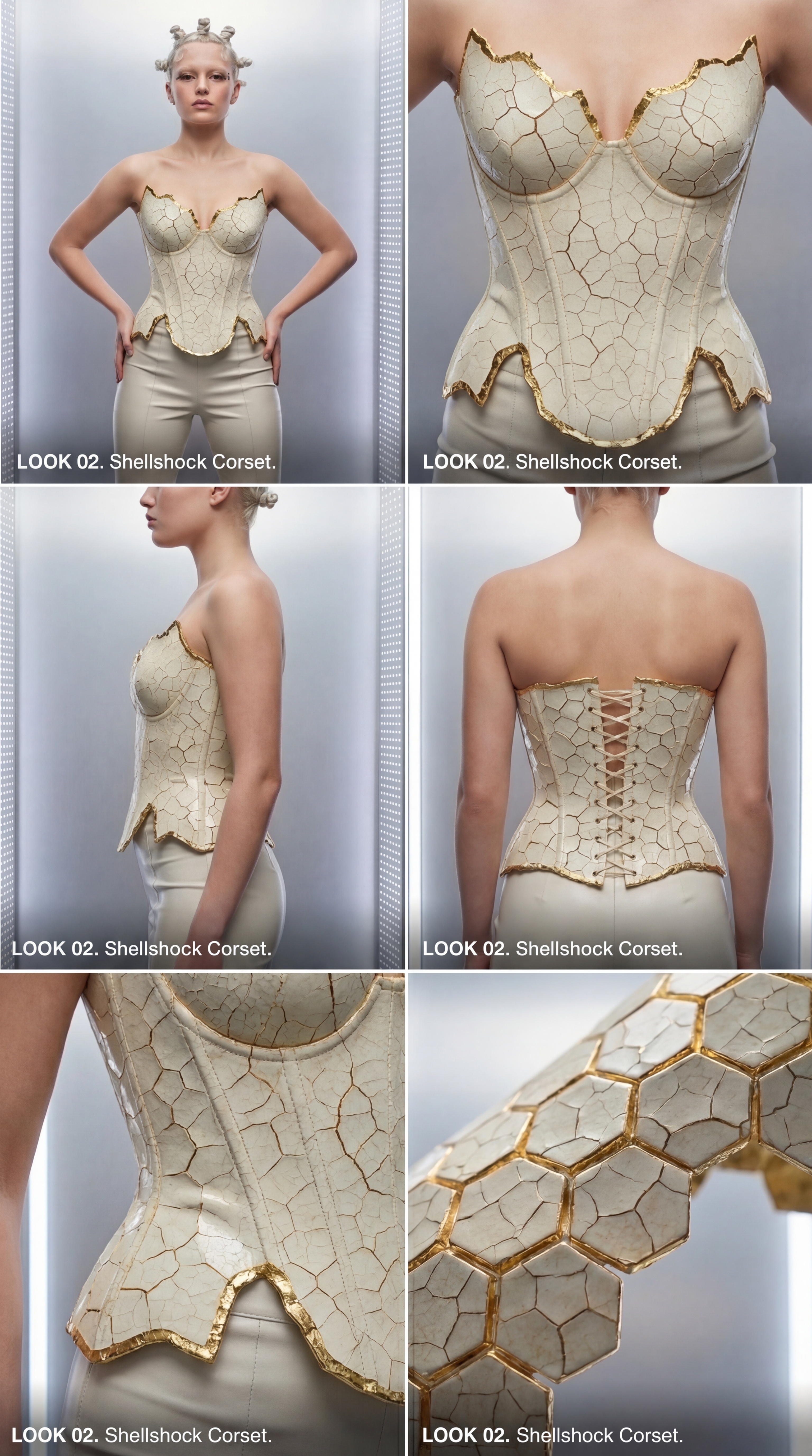 Shellshock Corset product sheet with front, side, and detail views.